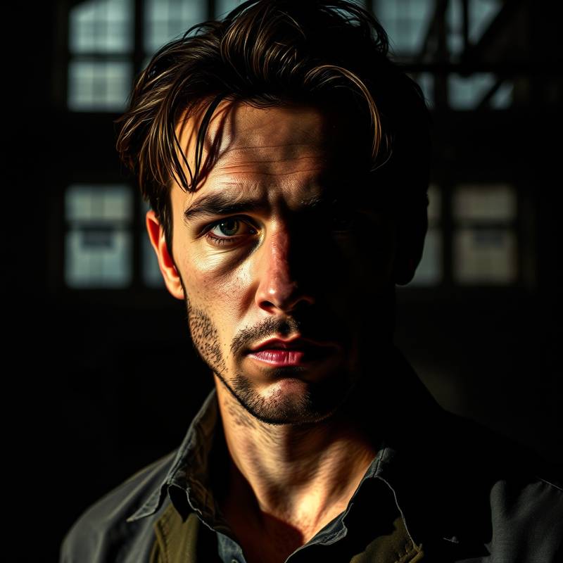 Artistic portrait in the Industrial Loft, photographer capturing a dramatic portrait with shadows and textures.