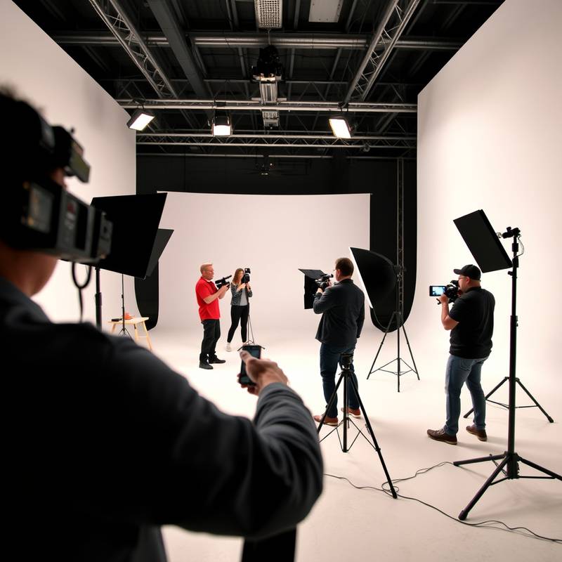 Commercial shoot in the Cyclorama Suite, team of photographers and videographers working on a promotional video for a tech company.