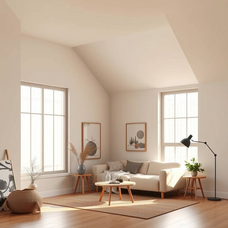 Cozy natural light studio with large windows and minimalist decor