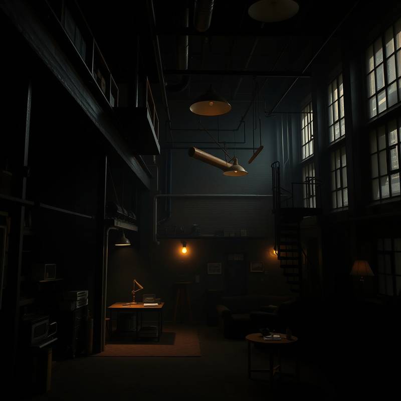 Film noir style scene in the Industrial Loft, dramatic lighting and dark aesthetic create a captivating scene.