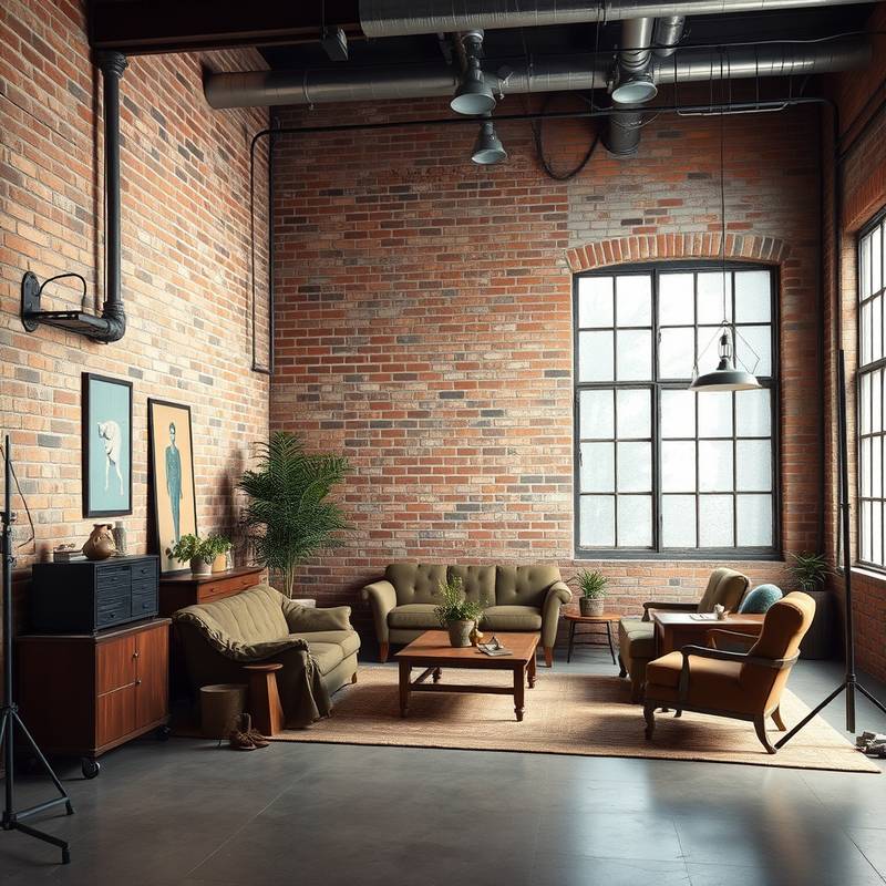 Industrial-style studio with exposed brick walls and vintage furniture