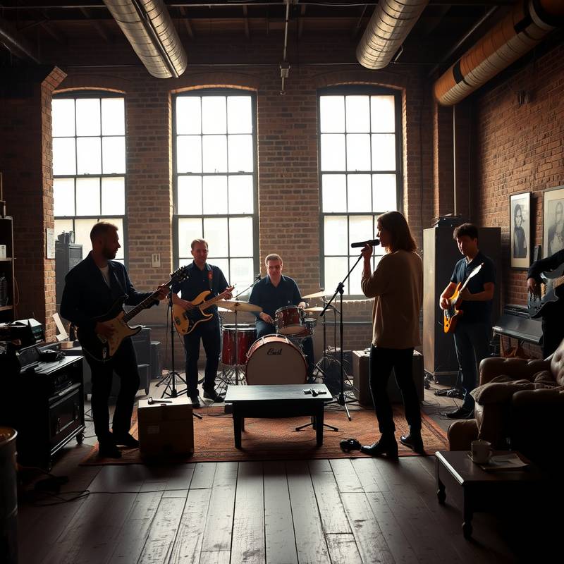 Music video shoot in the Industrial Loft, band performing against the exposed brick walls and vintage furniture.