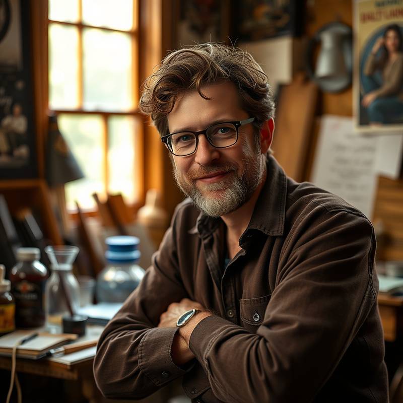Portrait of Jacob Miller, the set designer, surrounded by various props and set materials