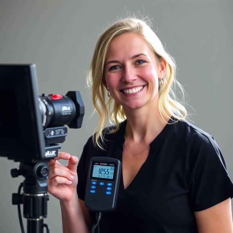 Portrait of Olivia Greene, the lighting technician, smiling and holding a light meter