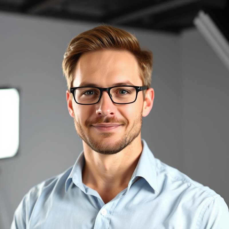 Portrait of Thomas Ashton, the studio manager, looking confident and professional