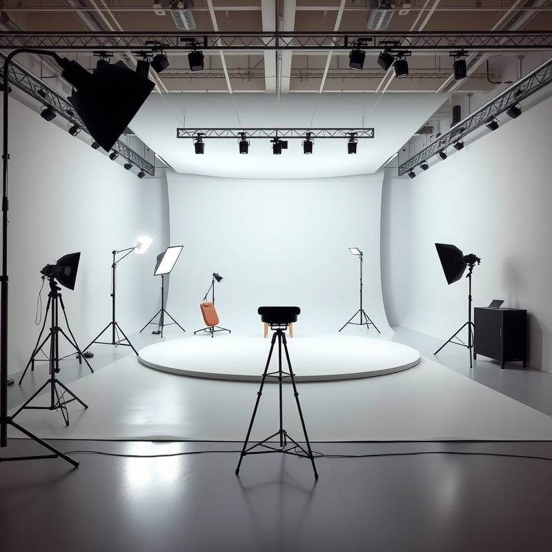 Spacious studio room with cyclorama wall and professional lighting setup